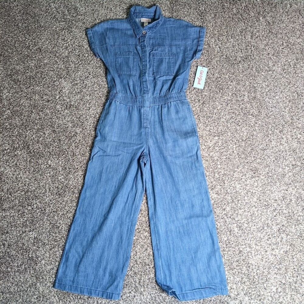NEW Cat & Jack Girls Short Sleeve Denim Jumpsuit Sz S(6/7) Elastic Waist Pockets
